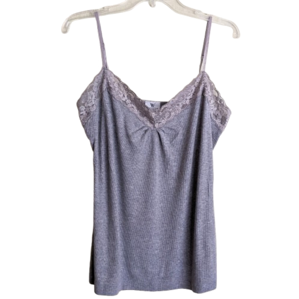 Worthington Y2K Camisole Tank Top Heathered Gray Lace Trim Adjustable Straps…